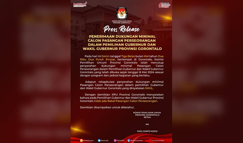 KPU Provinsi Gorontalo Tutup Pendaftaran Calon Perseorangan