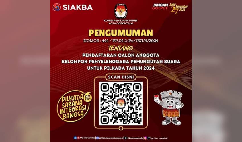 KPU Kota Gorontalo Buka Pendaftaran Anggota KPPS untuk Pilkada 2024