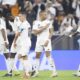 Skuad Real Madrid merayakan gol Kylian Mbappe ke gawang Pachuca di Piala Interkontinental, Kamis (19/12/2024). (c) AP Photo/Hussein Sayed