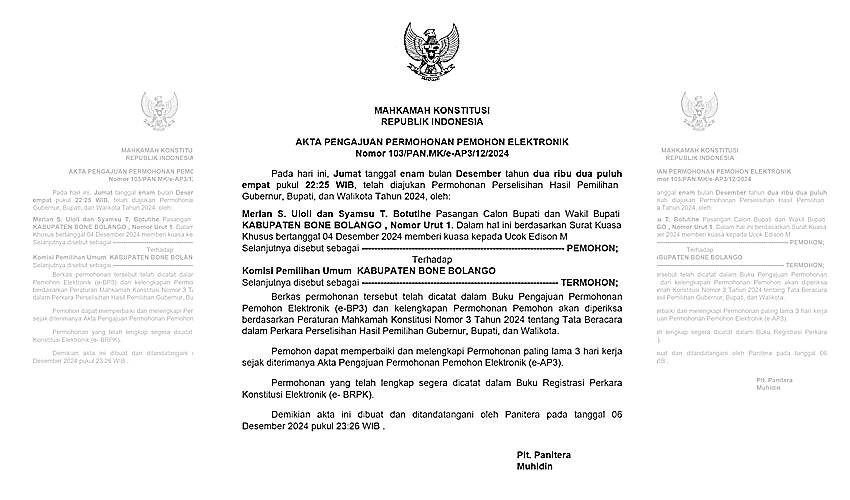 Paslon MULUS Resmi Gugat KPU Bone Bolango ke MK