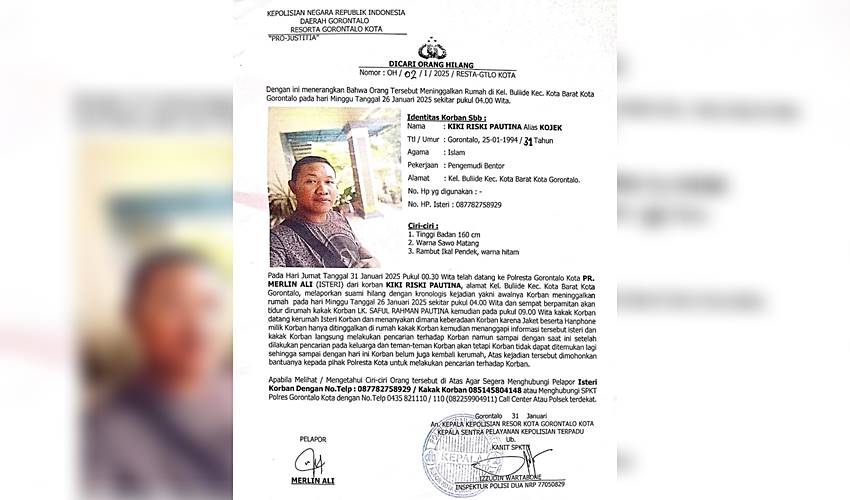 Lima Hari Belum Kunjung Pulang Rumah, Seorang Warga Buliide Hilang Secara Misterius