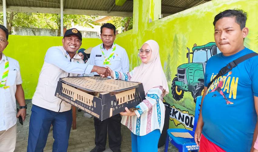 Asisten Administrasi Umum Setda Kabgor, Haris Tome, ketika menyerahkan bantuan bibit ayam kepada perwakilan warga masyarakat Kelurahan Tilihuwa, Kecamatan Limboto, Rabu (5/11/2025).