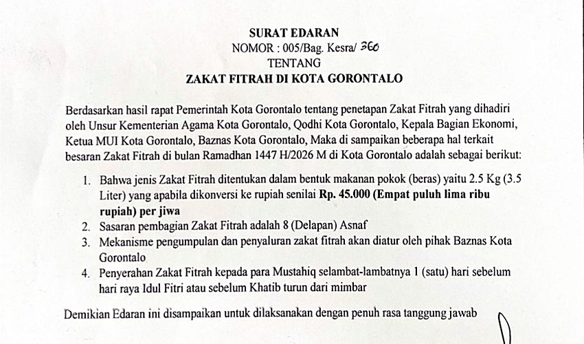 Pemkot Tetapkan Zakat Fitrah 1447 H Sebesar Rp45 Ribu per Jiwa