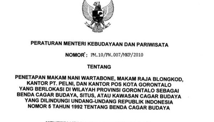Tangkapan gambar Peraturan Menteri dan Kebudayaan Nomor 10 Tahun 2010.